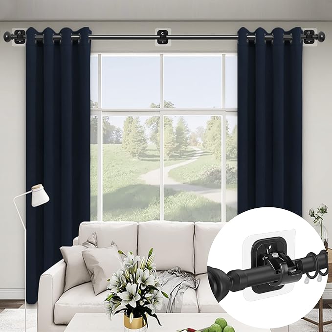 Codoule 2PCS No Drill Curtain Rod Brackets Drilling Self Adhesive Holder Hooks Nail Free Adjustable Hangers for Bathroom Kitchen Home and Hotel (2PCS Black)