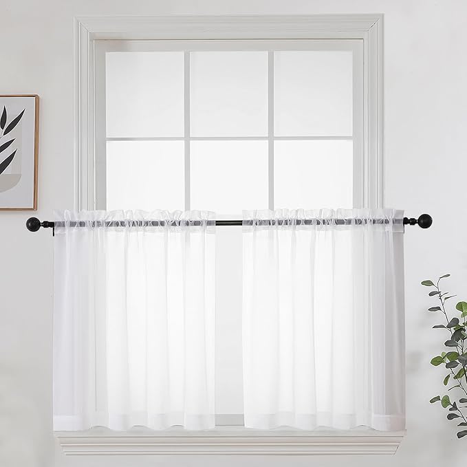 OWENIE White Short Sheer Curtains 24 Inches Long 2 Panels Set for Kitchen Window, Rod Pocket Light Filtering Sheer Tier Curtains for Small Laundry Room, RV, Camper Travel Trailers, 42 W x 24 L