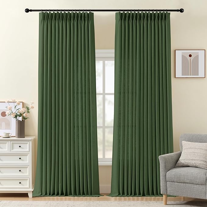 IVAPUPU 96 Inch Linen Curtains for Living Room, Pinch Pleated Semi Sheer Curtain Light Filtering Modern Memory Trained Back Tab Drapes with Hook for Bedroom Farmhouse, Olive Green, W40xL96, 2 Panel