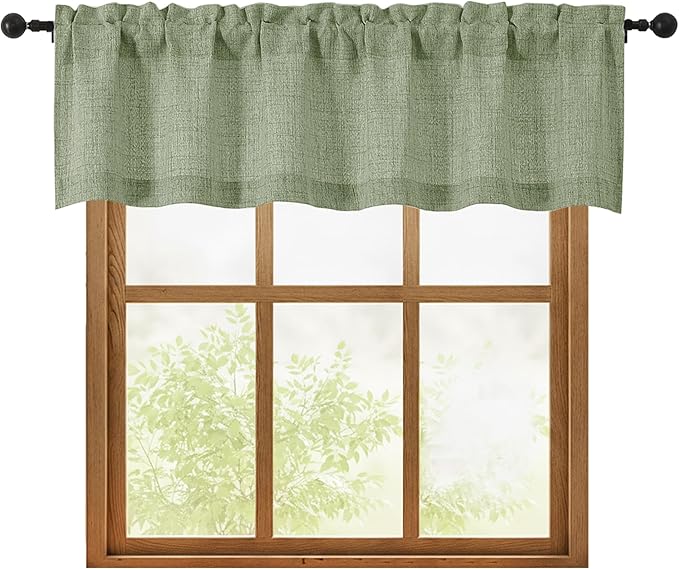 OWENIE Sage Green Valances for Windows 1 Pcs, Light Filtering Textured Farmhouse Short Small Valance Curtains for Bathroom Basement Bedroom, Rod Pocket Half Curtains Over Sink, 60Wx14L Inch