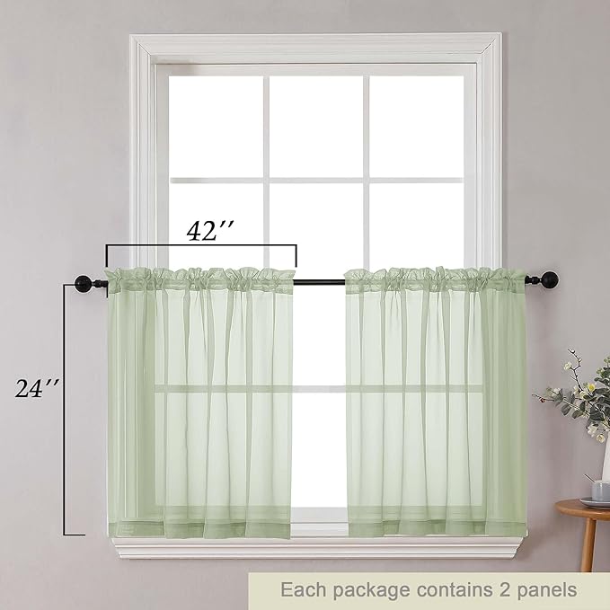 Kitchen Curtains 24 Inch Length Tier 2 Pieces, Light Green Sheer Curtain Solid Soft Sheer Short Curtains for Windows, Cafe Bathroom Basement Rod Pocket Drapes, Each 42" Wx24 L Inches