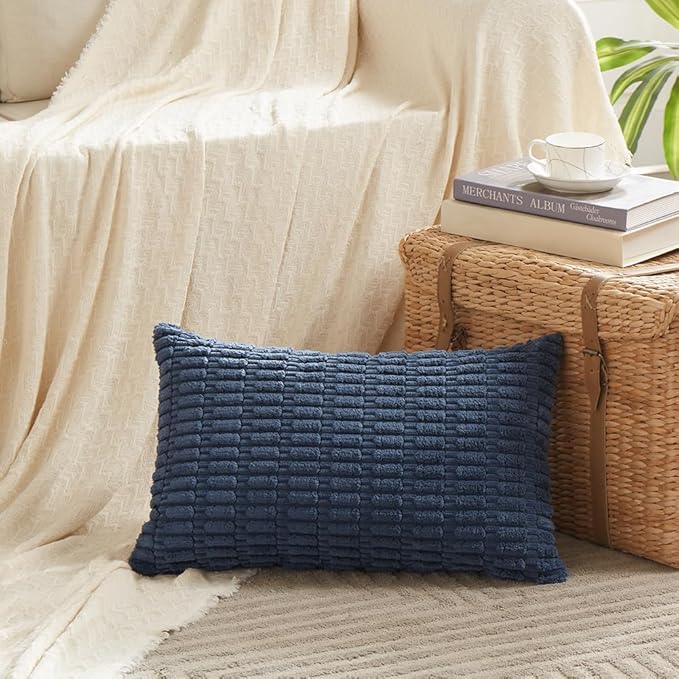 Fancy Homi 4 Packs Dusty Blue Decorative Throw Pillow Covers 16x24 Inch for Living Room Couch Bed Sofa, Rustic Farmhouse Boho Home Decor, Soft Plush Striped Corduroy Square Cushion Case 40x60 cm