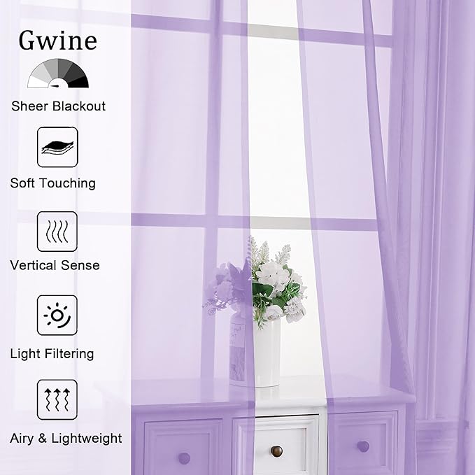 Gwine Lilac Sheer Curtain Tiers 24 Inch Length, Light Filtering Voile Short Curtain for Living Room Bedroom, Rod Pocket Cafe Curtains for Small Windows 42x24 Inch, 2PCS