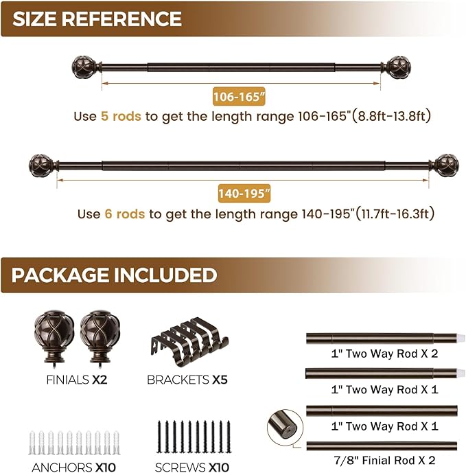 KAMANINA 1 Inch Extra Long Curtain Rod 140 to 195 Inches Bronze Heavy Duty Curtain Rods for Windows 120 to 170 Inch, Adjustable Drapery Rods with Netted Texture Finials