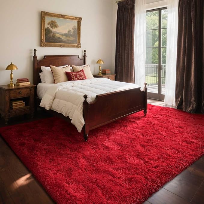 5x7 Ft Red Shag Rugs for Bedroom Living Room Decor, Ultra Soft Fluffy Furry Area Rug for Indoor Floor, Aesthetic Carpet for Home Nursery Dorm Decor