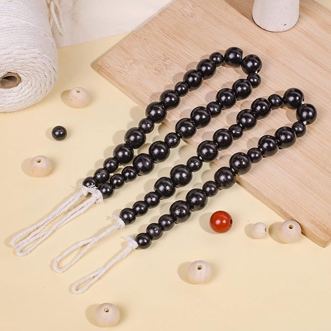 Hion 4 Pcs Boho Curtain Tiebacks,Wood Beads Curtain Holdbacks,Outdoor Farmhouse Tie Backs for Curtains,Curtain Holders for Drapes Home Office Room Decor with Hooks(Black)