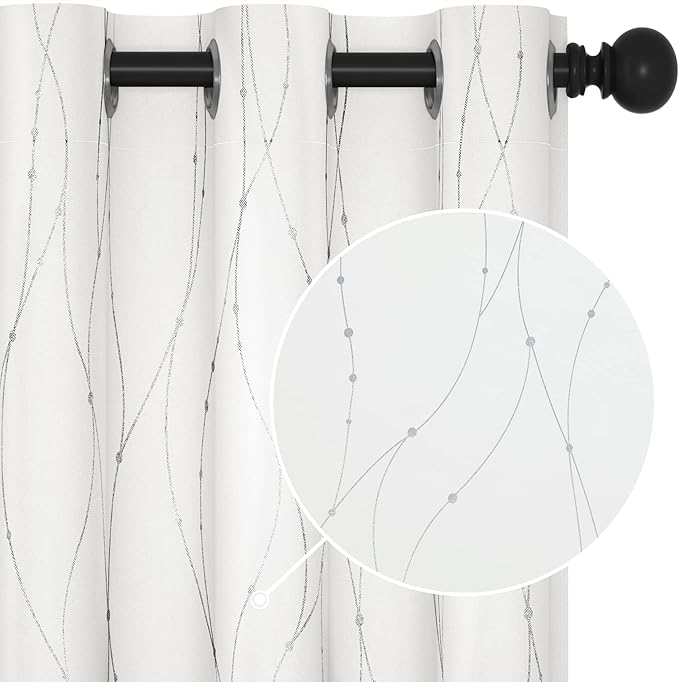 Deconovo Room Darkening Curtains, 38 x 90 Inch Drape for Sliding Door with Wave Dots Silver Print, Soundproof Thermal Insulated Curtain for Bedroom Living Room, Set of 2, Machine Washable, Pure White