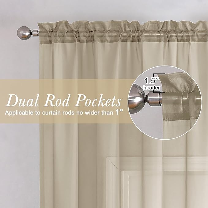 Lecloud Taupe Sheer Curtains 54 Inch Length 2 Panels Set, Balance Light & Privacy Solid Voile Curtains for Living Room Bedroom, Dual Rod Pockets Cafe Kitchen Window Drapes, 40x54 Inches