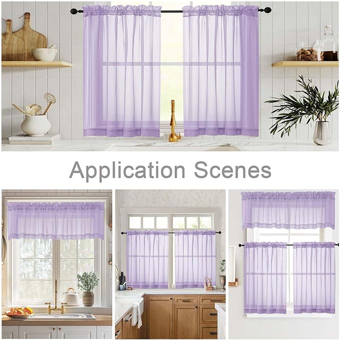 Lavender Valances for Windows, Lavender Sheer Curtains 14 Inch Length 2 Pack Kitchen Drapes, Modern Solid Mini Small Window Curtains for Cafe Bathroom Basement, 42" Wx14 L Inches