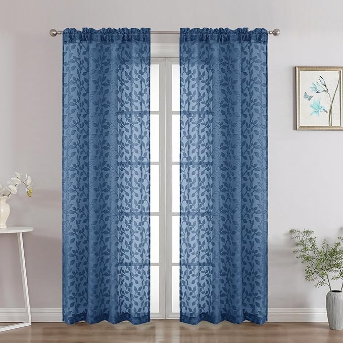 Chyhomenyc Dusty Blue Sheer Curtains 72 Inches Long 2 Panels Set, Light Filtering Tufted Textured Soft Airy Rod Pocket Elegant Leaf Window Treatment Drapes for Bedroom Living Room, 42" Wx72 L, 2PCS