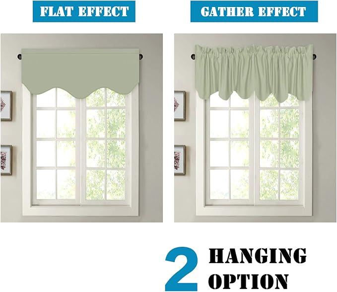H.VERSAILTEX 2 Panels Blackout Curtain Valances for Kitchen Windows/Living Room/Bathroom Privacy Protection Rod Pocket Decoration Scalloped Window Valance Curtains, 52" W x 18" L, Light Sage