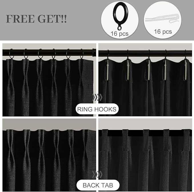 IVAPUPU Black Pinch Pleated Curtains 96 Inches Long for Living Room, Semi Sheer Privacy Linen Curtain Memory Trained Back Tab Drapes with Hooks Rings for Farmhouse Dining Room, 2 Panels, W40xL96