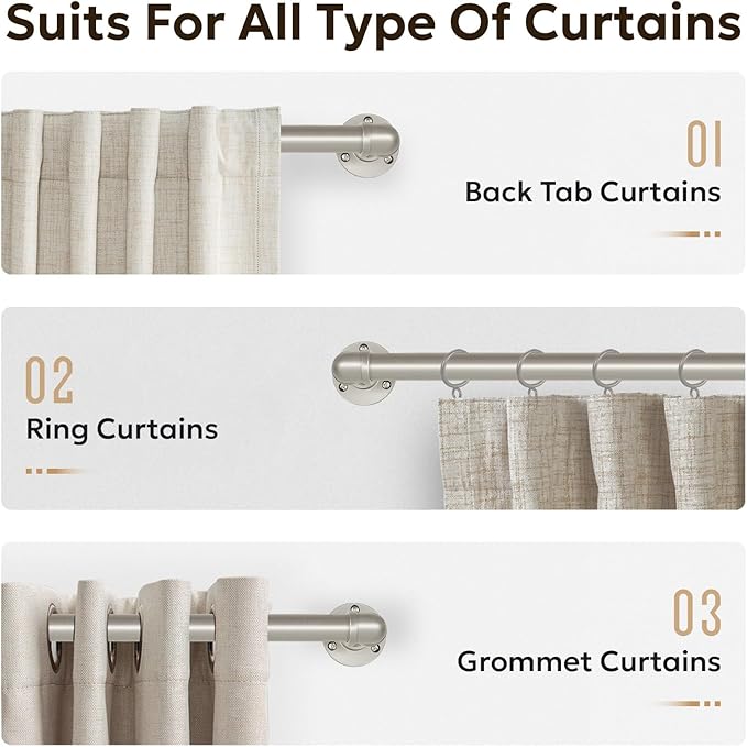 Zeerobee Curtain Rods for Windows 120 to 240, 1 Inch Industrial Wrap Around Brushed Nickel Curtain Rod, Indoor/Outdoor Room Divider Adjustable Drapery Pole, 120"-240"