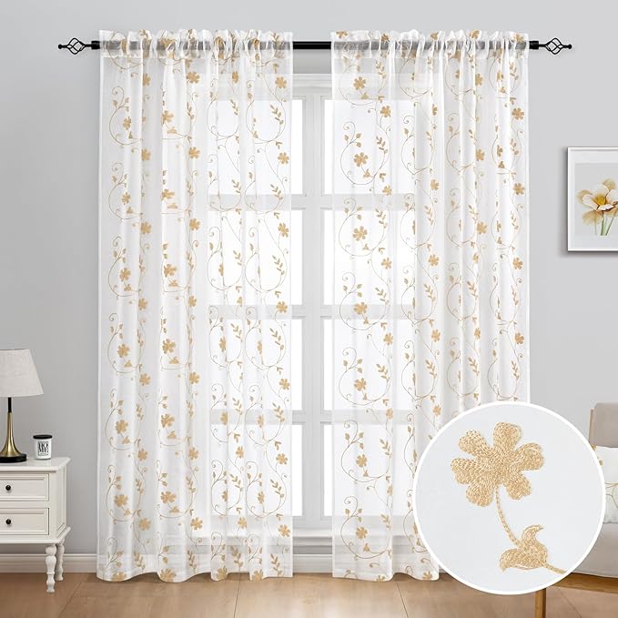HOMEIDEAS Yellow Sheer Curtains 84 Inches Long 2 Panels Yellow and White Embroidered Floral Pattern Semi Sheer Window Curtains for Bedroom Living Room