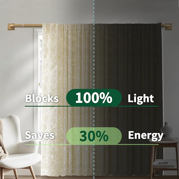 Boho Wood Grain Curtain Rods for Windows 66-152Inch(5.5-12.7ft) Heavy Duty Wrap Around Blackout Curtain Rods, Adjustable Room Darkening Drapery Rod for Bedroom, Living Room & Outdoor, Stainless Steel