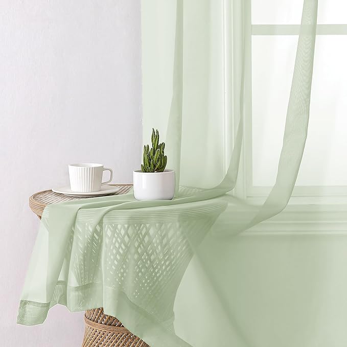 Lecloud Light Green Sheer Curtains 54 Inch Length 2 Panels, Voile Bedroom Curtains for Windows, Airy Lightweight Dual Rod Pocket Curtain Drapes Window Treatments, Each Panel 42 X 54 Inch
