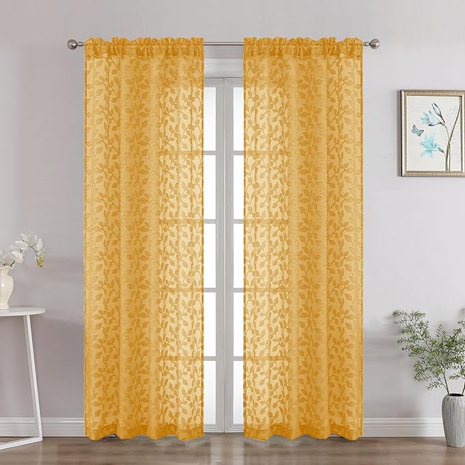 Chyhomenyc Gold Sheer Curtains 72 Inches Long 2 Panels Set, Light Filtering Tufted Textured Soft Airy Rod Pocket Elegant Leaf Window Treatment Drapes for Bedroom Living Room, 42" Wx72 L, 2PCS
