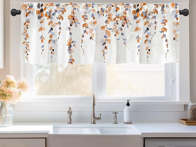 Watercolor Fall Leaves Window Valance for Bedroom Living Room, Orange Leaf Vine Plant Curtains Valanes for Windows, 3" Rod Pocket Window Treatment for Autumn Home Decorations, 54 x 18 Inch, 1 Panel