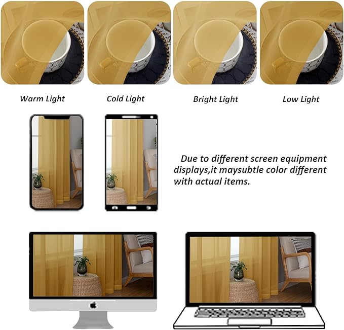 Chyhomenyc Sheer Valances for Windows 2 Pack, Small Window Curtains for Living Room Bathroom Cafe Laundry Basement, Modern Top Dual Rod Pocket Voile Curtain, 42W x 18L inches, Gold