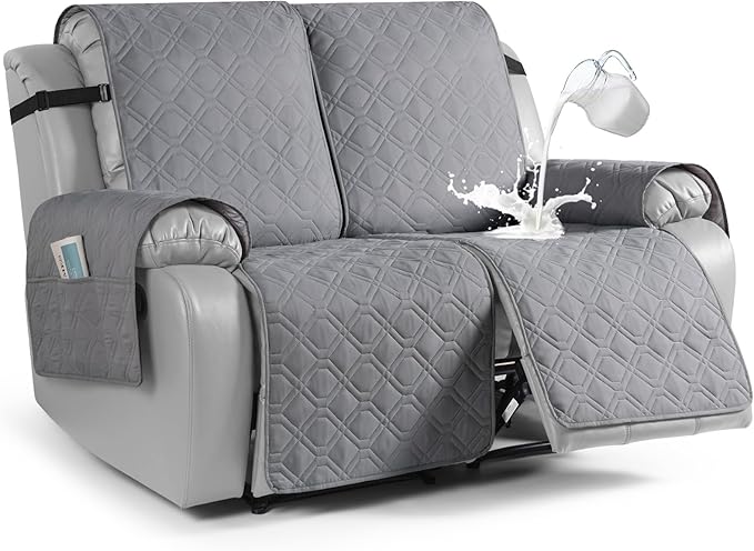 VANSOFY Waterproof Recliner Couch Covers, Sofa Covers 1-Piece Washable Reclining Sofa Cover Non-Slip Furniture Protector with Elastic Straps Pocket for Dogs, Pets(Light Gray,2 Seater)