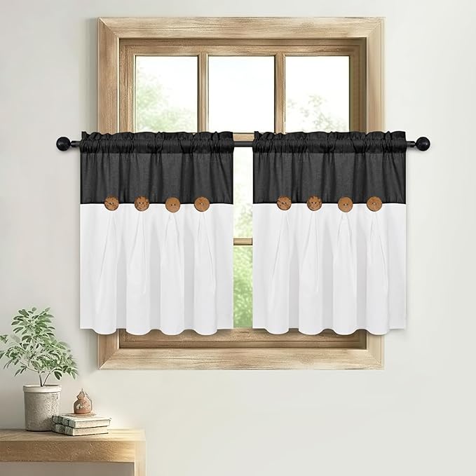 Boho Kitchen Curtains 24 Inch Length, Farmhouse Cotton Linen Tier Curtains, Rustic Button Short Curtain for Windows, Black Country Cafe Curtain, Rod Pocket Small Window Drapes for Kitchen, 26x24