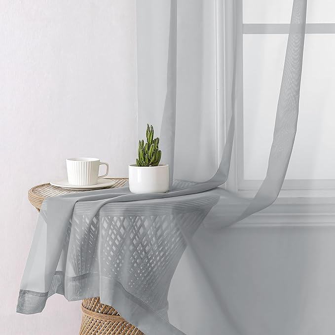 Aiyufeng Light Grey Sheer Window Curtains 63 Inches Long 2 PCS- Rod Pocket Living Room Curtain Panels Voile Textured Soft and Lightweight Window Treatments for Bedroom Decor, 40W x 63L Inches