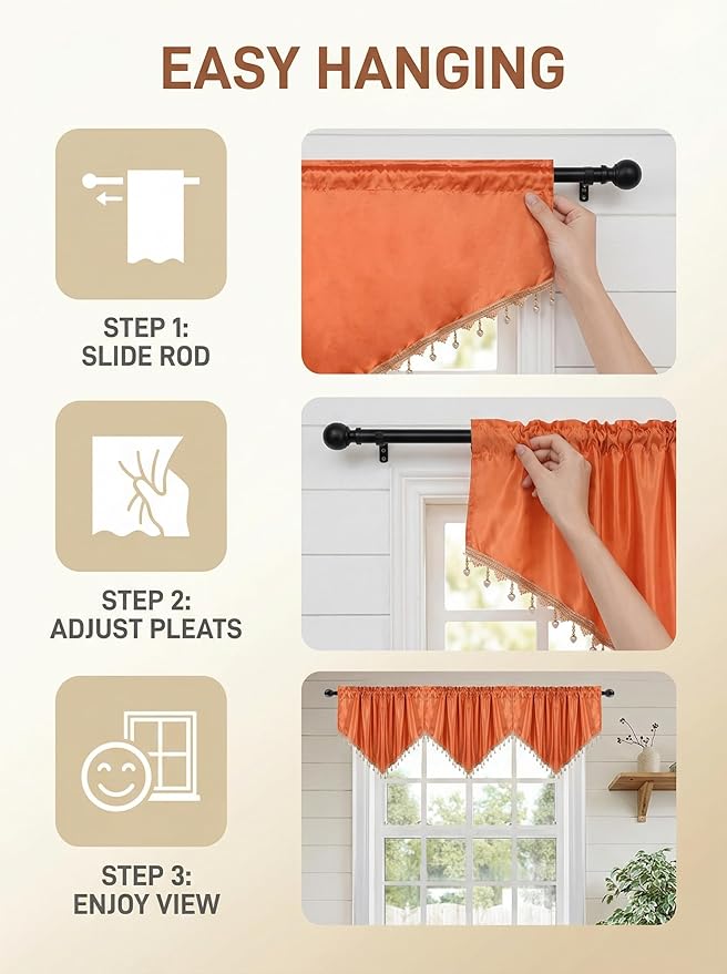 Molaxhome Swag Curtain 51 inch Length Rod Pocket Scalloped Curtain Valance Sheer Lace Panels with Hanging Crystal Beads for Kitchen Bedroom Window Treatments Drape Decor 1pc (Cloth Orange, 51Wx23L)