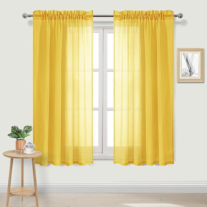 DWCN Yellow Sheer Curtains Semi Transparent Voile Rod Pocket Curtains for Bedroom and Living Room, 42 x 63 inches Long, Set of 2 Panels