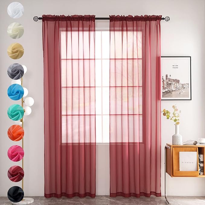youleyar Solid Sheer Rod Pocket Curtain Voile Draperies 2 Panels White Beige Black Grey Coffee 52 Inch Width 84 Inch Long 1 Pair for Kitchen Bedroom Children Living Room Yard (Wine Red,52Wｘ84L)