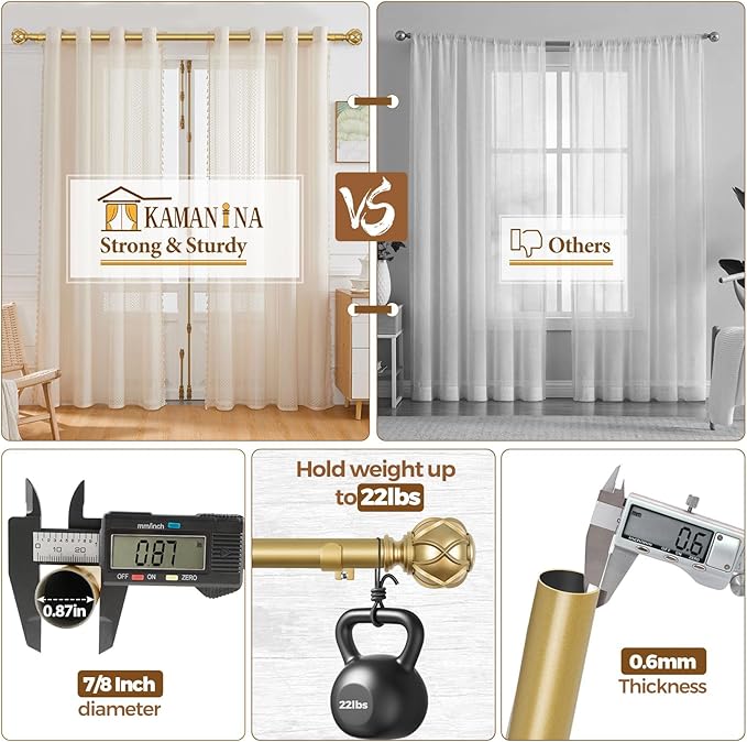 KAMANINA Gold Curtain Rod 32 to 58 Inch(2.6-4.8Ft), 7/8 Inch Single Adjustable Curtain Rods for Windows 28 to 48, Decorative Drapery Rods with Netted Texture Finials