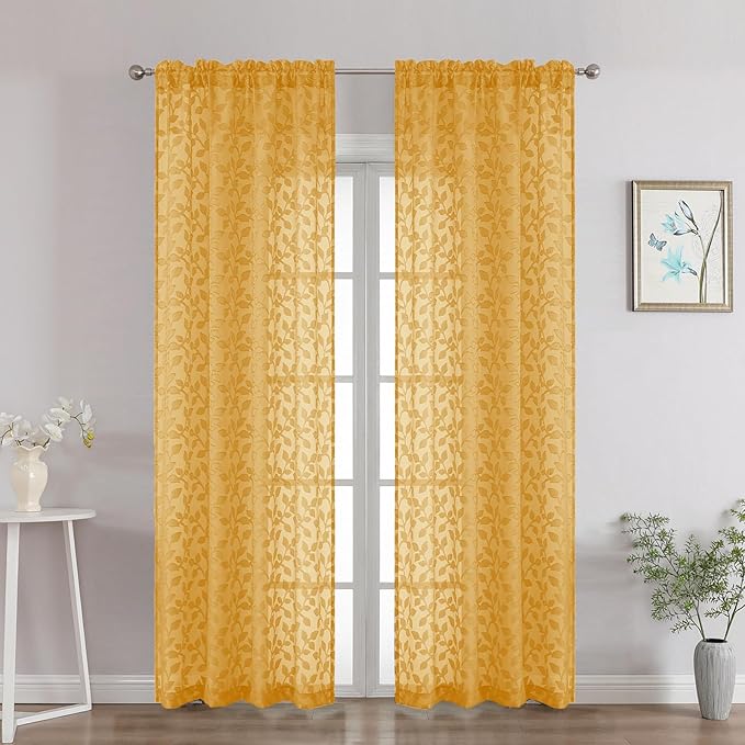 Chyhomenyc Gold Sheer Curtains 84 Inch Length 2 Panels Set, Light Filtering Tufted Textured Soft Airy Rod Pocket Gentle Leaf Window Treatment Drapes for Bedroom Living Room, 42" Wx84 L, 2PCS