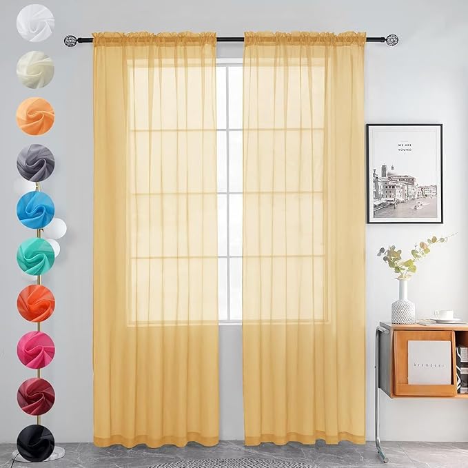 youleyar Solid Sheer Rod Pocket Curtain Voile Draperies 2 Panels White Beige Black Grey Ivory 52 Inch Width 63 Inch Long 1 Pair for Kitchen Bedroom Children Living Room Yard (Gold,52Wｘ63L)