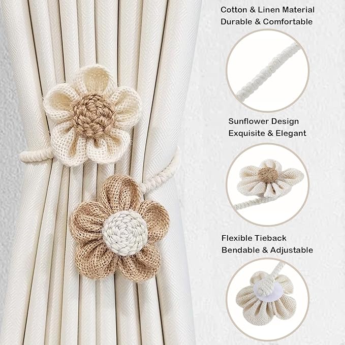 SRG Rope Curtain Tiebacks 2 Pack | Sunflower Curtain Tieback Boho | Simple Elegant DIY Curtain Holdbacks | Accessories Wall Decoration for Home Office | Cream&Khaki