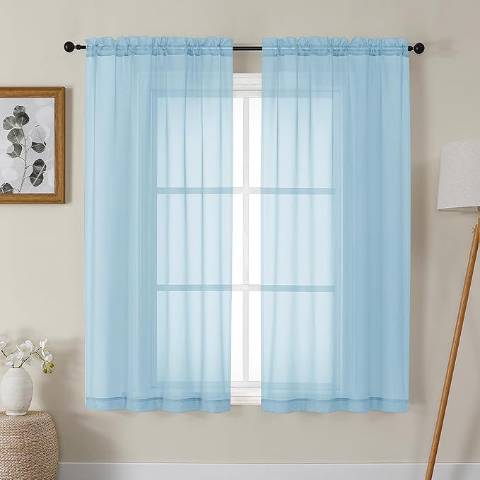 Gwine Sky Blue Sheer Curtains 63 Inch Length for Living Room 2 Panels, Light Filtering Rod Pocket Window Curtain Treatment for Bedroom, Voile Elegant Sheer Drapes，Each 42" Wx63 L, Sky Blue