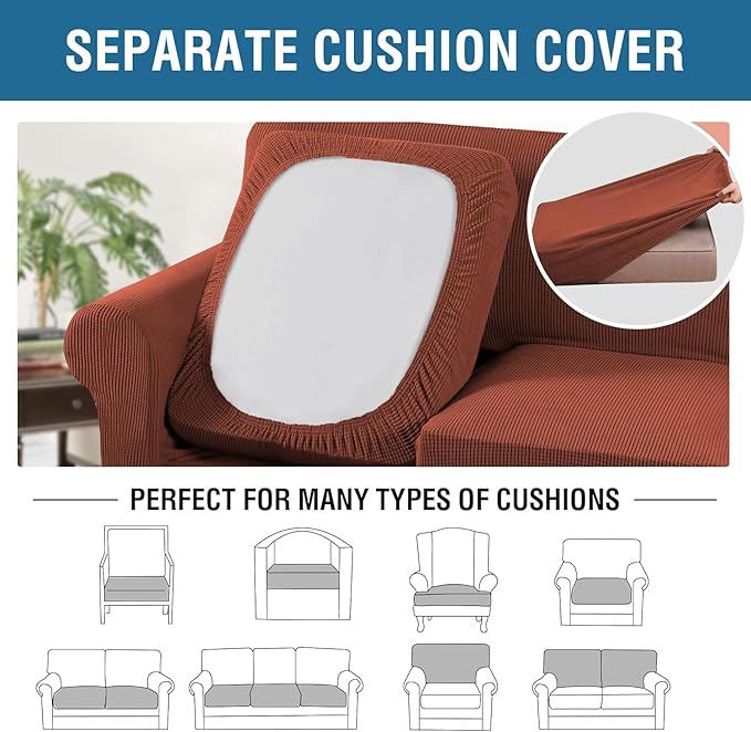 H.VERSAILTEX 4 Piece Stretch Sofa Covers for 3 Cushion Couch Covers for Living Room Furniture Slipcovers (Base Cover Plus 3 Seat Cushion Covers) Thicker Jacquard Fabric (Large Sofa, Rust)