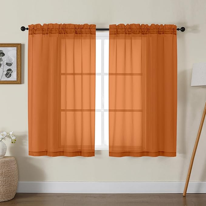 Gwine Burnt Orange Sheer Curtains for Living Room 45 inches Long, Short Voile Light Filtering Window Treatments Sheer Curtains for Bedroom, Fall Half Window Drapes with Rod Pocket, Each 42 Wx45 L