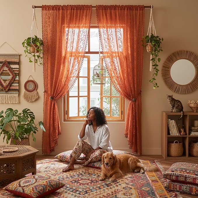 WAZZIO Boho Lace Curtains 72 Inch 2 Panels-Vintage Sheer Panel Drape Floral Pattern & Tassel Light Filtering Privacy for Bedroom Dining Living Room,Cottage Earthy Full Decor Terracotta,W52 x 72L