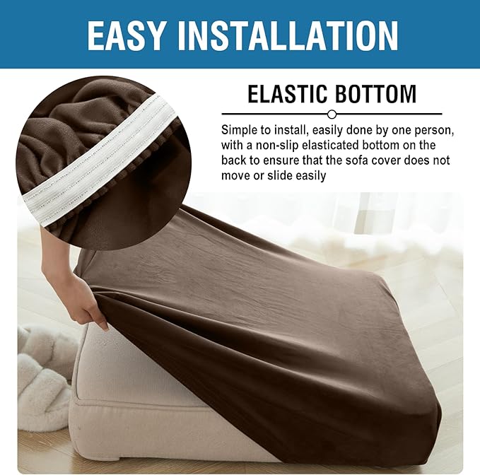 Couch Cover 8-Piece Elastic Velvet Couch Cushion Covers & Chaise Slipcovers for L-Shaped Sofas - Sofa Seat Covers Washable, Soft Protector for Couches (7 Seater + Chaise, Coffee)