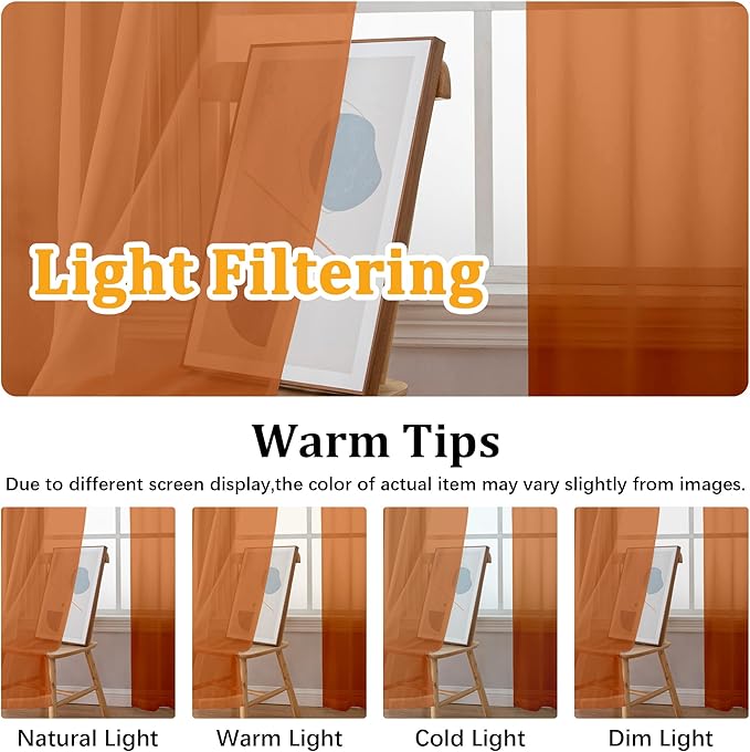 Gwine Sheer Curtains 72 Inches Long 2 Panels for Front Door, Light Filtering Fall Sheer Curtains for Living Room, Rod Pocket Window Treatments Drapes, Each 42 Wx72 L, Burnt Orange