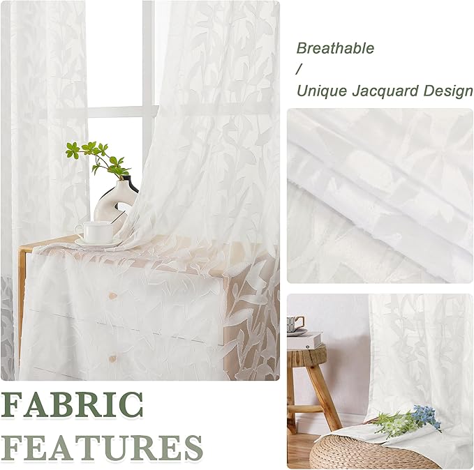 Lecloud Leia Ivory Sheer Curtains 120 Inches Long 2 Panels, Jacquard Textured Voile Curtains, Modern Gauzy Windows Decor Drapes with Dual Rod Pockets for Living Room Bedroom, Each 52" W x 120" L