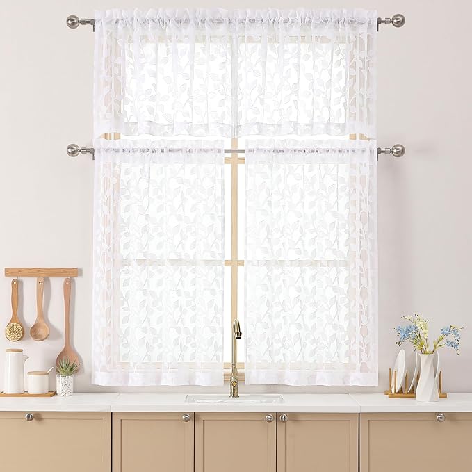 Chyhomenyc White Sheer Valances for Windows 18 Inch Length 2 Pcs, Light Filtering Leaf Textured Cafe Short Kitchen Curtains, Top Small Curtain for Living Room Bedroom Basement, 42" W x 18" L