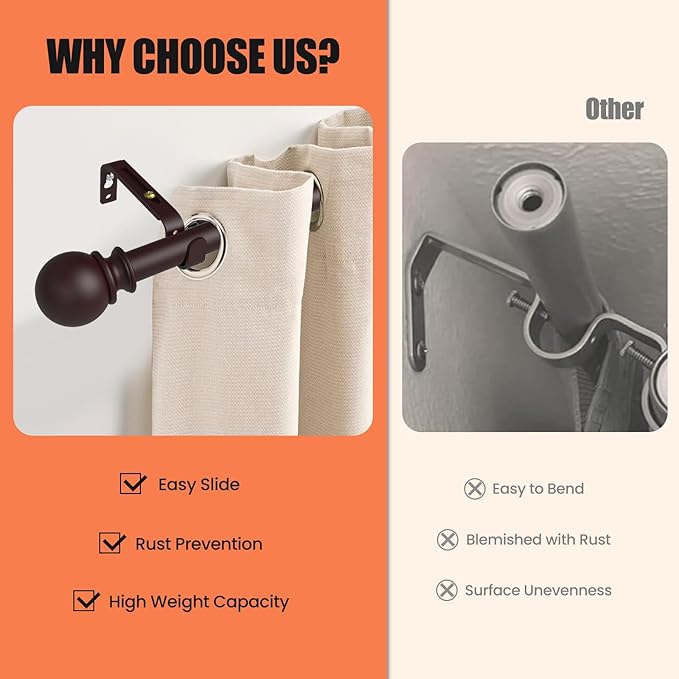 Curtain Rods for Windows 30 to 75 Inch, 2 Pack 5/8 Inch Heavy Duty Decorative Curtain Rod with Ball End Caps, Adjustable Brackets. Easy to install. Brown.