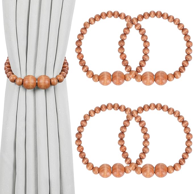Magnetic Curtain Tiebacks, 4 Pack Curtain Holdbacks for Draperies, Wood Bead Curtain Tiebacks, Curtain Tie Backs for Bedroom Decor, Boho Room Decor, Nursery Decor, Farmhouse Decor, Office Decor