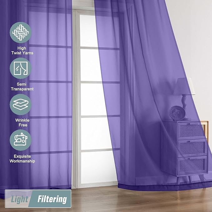Purple Sheer Curtains for Window 72 inches Long 2 Panels Set, Soft Airy Modern Light Filtering Sheer Curtains for Living Room Bedroom, Dual Rod Pocket Solid Window Drapes, 2x42Wx72L inches