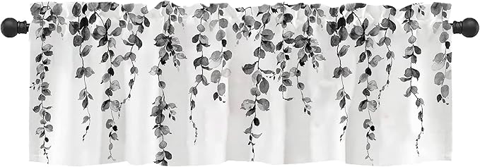 Watercolor Grey Leaves Window Valance for Bedroom Living Room, Gray Leaf Curtains Valanes for Windows, 3" Rod Pocket Window Treatment for Home Decorations, 18 x 54 Inch, 1 Panel