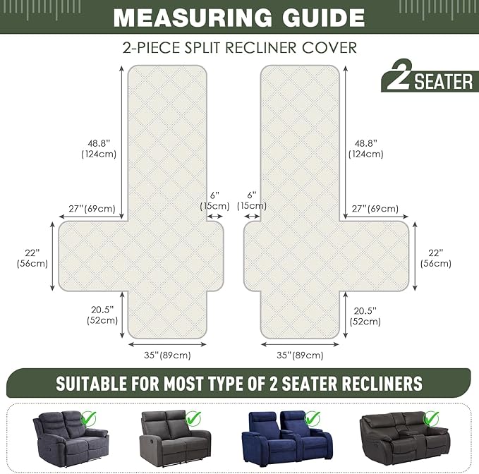 TAOCOCO 100% Waterproof Loveseat Recliner Covers 2 Seater, Split Loveseat Covers for Reclining loveseat, Non Slip Reclining Couch Cover with Double Straps for Kids, Pets(2 Seater, Bean Green)