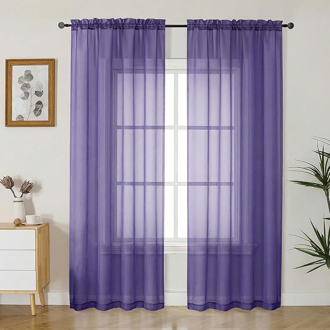 Gwine Sheer Curtains 84 Inches Long - Light Filtering Rod Pocket Window Curtain Panels for Bedroom, Elegant Soft Voile Living Room Sheer Drapes, Each 42Wx84L, 2 Panels, Purple