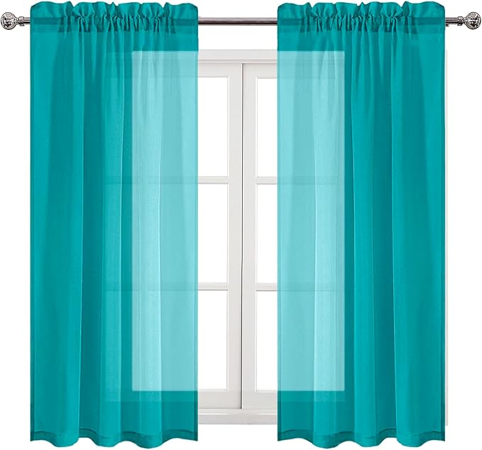 DWCN Turquoise Sheer Curtains Semi Transparent Voile Rod Pocket Curtains for Bedroom and Living Room, 42 x 54 inches Long, Set of 2 Panels