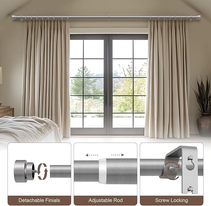 Lootkell 2 Pack Modern Silver Curtain Rods for Windows 66 to 120 Inches Adjustable Heavy Duty 1" Diameter Window Curtain Rod with Decorative Finials for Outdoor Bedroom Kitchen Living Room