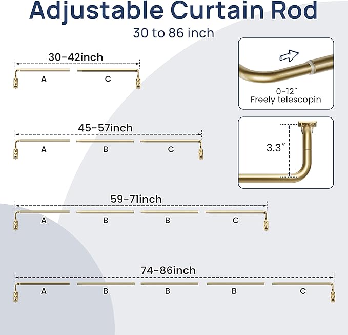 ENJOYBASICS Blackout Curtain rod for windows 48 to 84, Wrap Around Curtain Rods for Bedroom, Living Room, Adjustable from 30 to 86 Inches, Gold